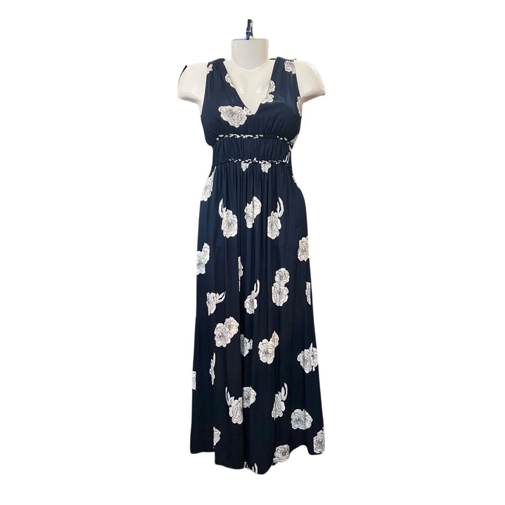 JAPNA Women's Navy Cream Floral Print Smocked Waist Maxi Boho Feminine Dress XS